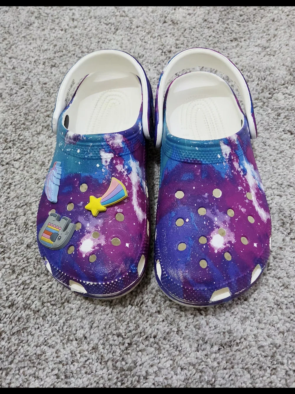 CROCS Kids Galaxy Print Clogs in Purple and Blue with Space Charms